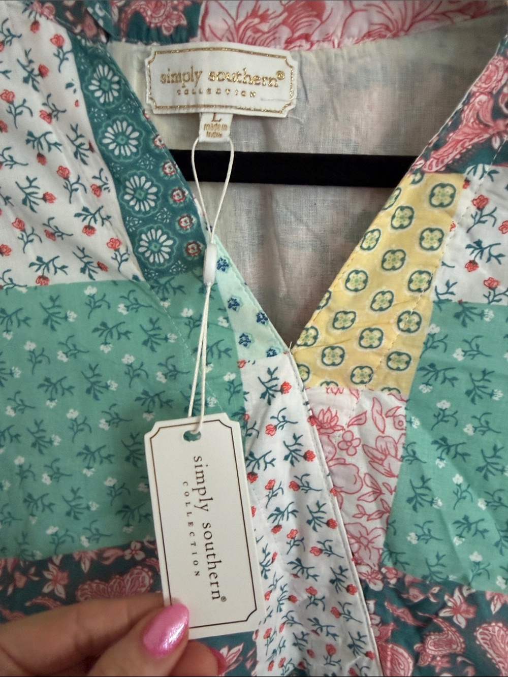 Simply Southern NWT Patchwork Floral Short Sleeve Dress — Pink, Green & Yellow - Picture 3 of 7